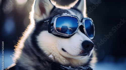 A sleek and adventurous husky pup dons stylish goggles, ready to conquer the great outdoors with its sled dog brethren