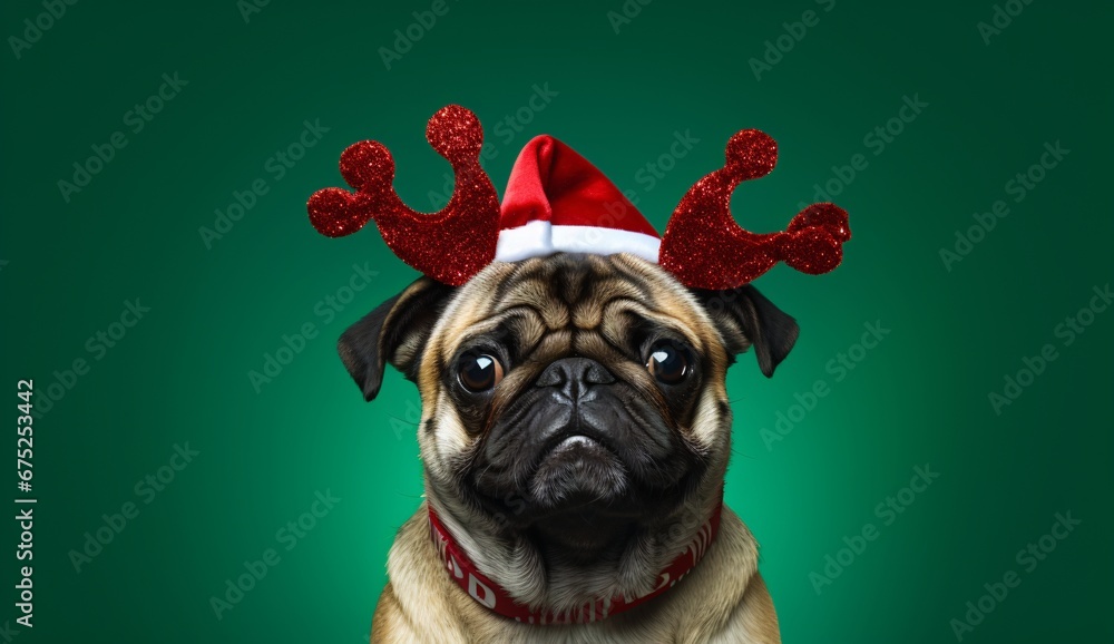 dog with reindeer mask and christmas decorations in background, playful and fun imagery, glitter, christcore