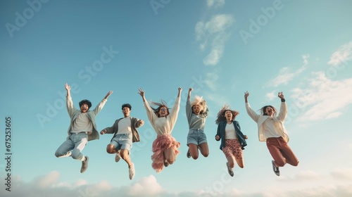 Group of young multiracial friends enjoying freedom together - Happy people jumping to blue sky background - Friendship concept 