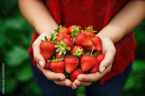 Ripe strawberries in woman hands on the green garden background