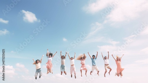 Group of young multiracial friends enjoying freedom together - Happy people jumping to blue sky background - Friendship concept 