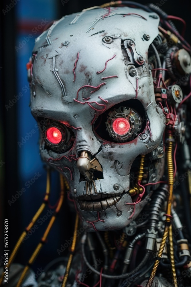A haunting skull-shaped mask adorned with glowing red eyes and tangled wires evokes a sense of terror and sci-fi horror A haunting skull-shaped mask adorned with glowing red eyes and tangled wires evokes a sense of terror and sci-fi horror
