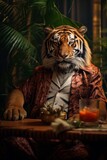 A majestic bengal tiger donning a shirt sips on a mysterious liquid amidst the lush greenery of an indoor zoo, embodying the untamed spirit of the wild felidae family