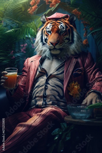 Amidst a canvas of rich hues, a suave man gazes upon his reflection in the tiger-striped glass, embodying the fierce grace of a wild mammal in a civilized world