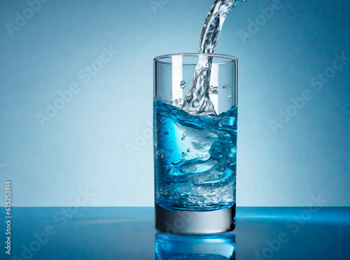 Pouring water into a glass with splashes on a light blue background