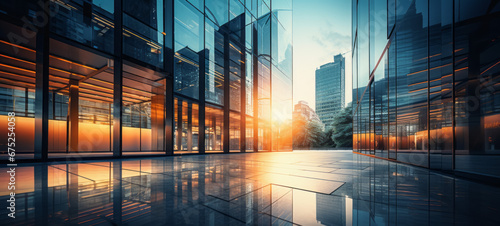 Office building with glass windows and reflection in the floor at sunset