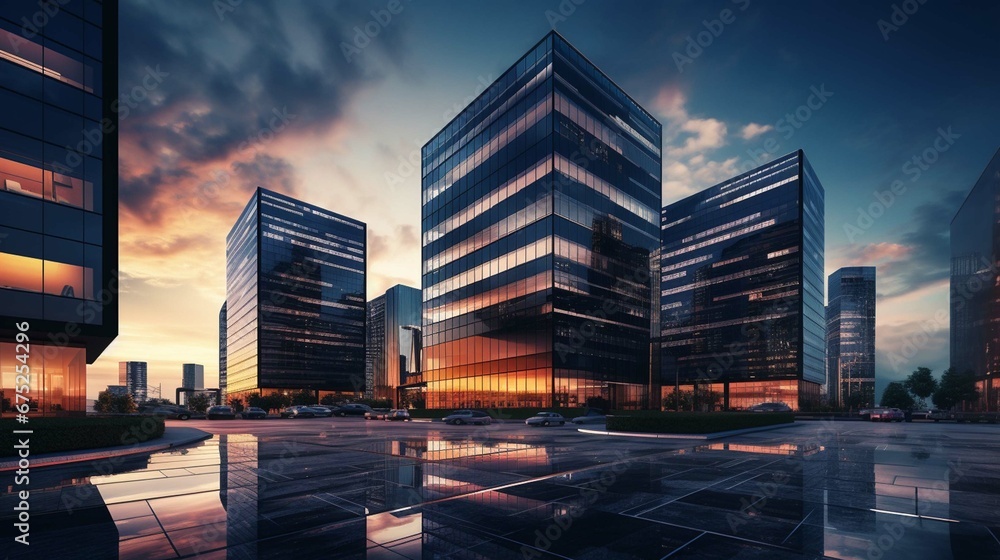 Perfect modern office buildings at dusk. Working time. - obrazy, fototapety, plakaty 