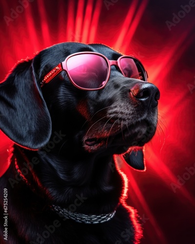 A sleek black dog exudes coolness as it rocks a pair of red goggles, adding a touch of style to its already stunning appearance © mockupzord