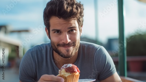 Happy man biting cream cake in the cafe closeup