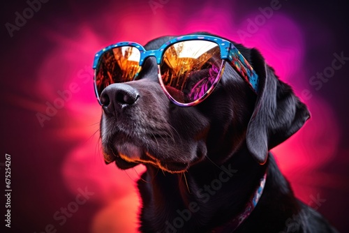 A stylish black dog struts confidently in its unique dog collar, donning fashionable sunglasses and goggles, embodying the epitome of cool and trendiness among all canine mammals photo