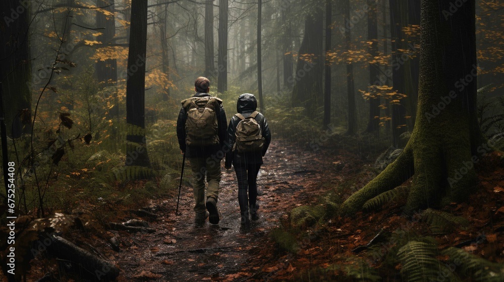Photorealistic image of a middle aged couple of hikers walk through the forest in rainy weather
