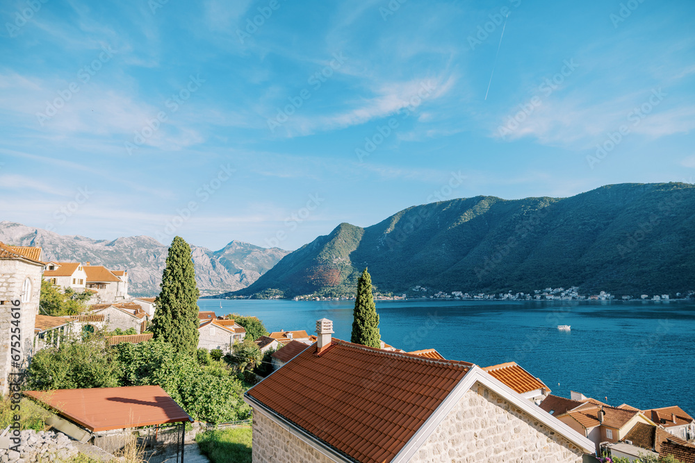 View over the red roofs of Perast houses to the Bay of Kotor. Montenegro
