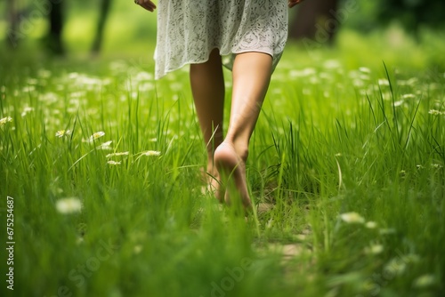 Woman walking barefoot on green grass outdoor, close-up. photo