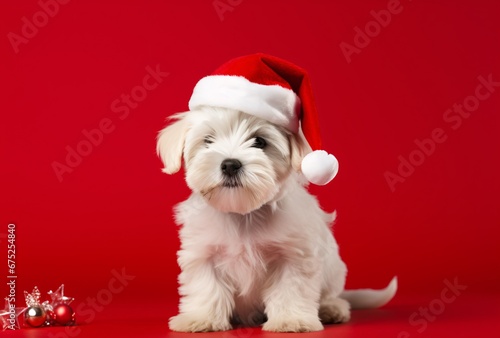 a puppy wearing a santa hat on a red background, stylish