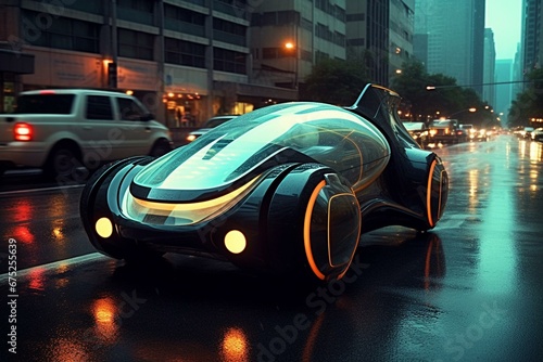 Futuristic vehicle cruising the street. Generative AI © Mia