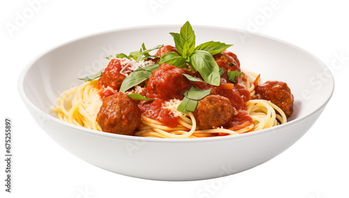 A bowl of spaghetti with meatballs and basil - isolated on transparent background
