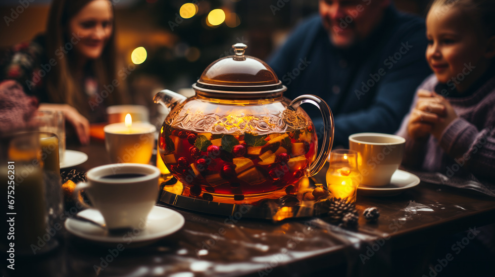 Christmas day, the family Making hot cocoa or mulled cider. - obrazy, fototapety, plakaty 