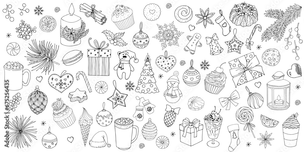 Sketch decoration xmas set. Christmas and happy new year symbols. Sock and gift, gingerbread, holly fir branches, pine cone vector elements. Hand drawn sweet, christmas ball, candy cane