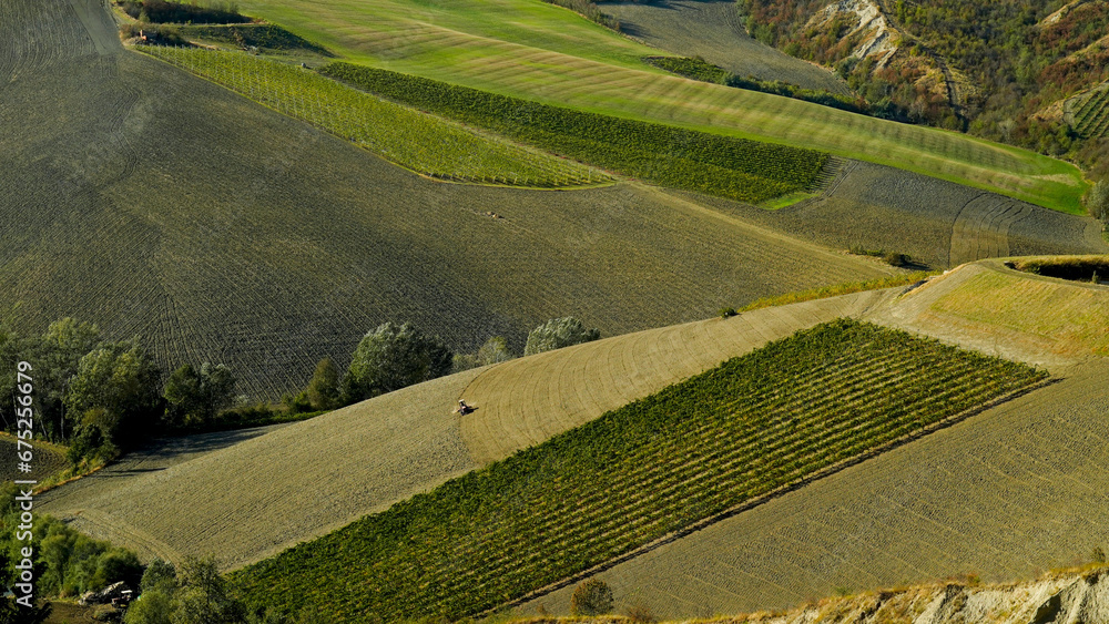 Panorama autonnale dei vigneti e calanchi del gesso nei dintorni di Brisighella, provincia di Ravenna. Emilia Romagna, Italia