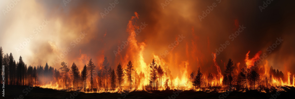 a terrifying and dangerous forest fire over a vast area, an environmental disaster