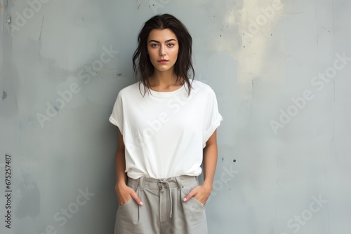 Female top model wearing casual cropped top and trousers