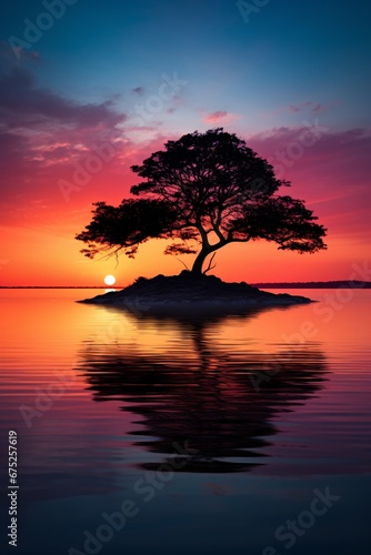 an isolated tree in the middle of water at sunset, vibrant, lively, silhouette figures
