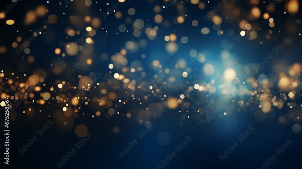 blue background with golden light bokeh background, light navy and dark gold, mixes realistic and fantastical elements, luminous 3d objects