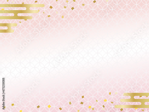 和風のピンクの背景、和柄の雲や紙吹雪のフレーム、年末年始のバナーやお正月の年賀状に	