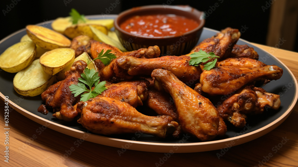 Spicy chicken wings and potato wedges