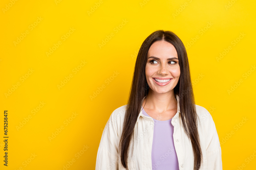 Fototapeta premium Photo portrait of lovely young lady look empty space shopping banner dressed stylish white garment isolated on yellow color background