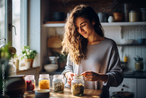 A beautiful long hair girl preparing jars standing in a modern rustic kitchen in a sunny day. 