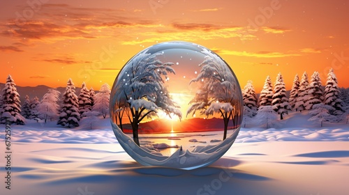 christmas ball in snow with a view of the sunset, realistic landscapes with soft edges, double exposure, made of glass © IgnacioJulian