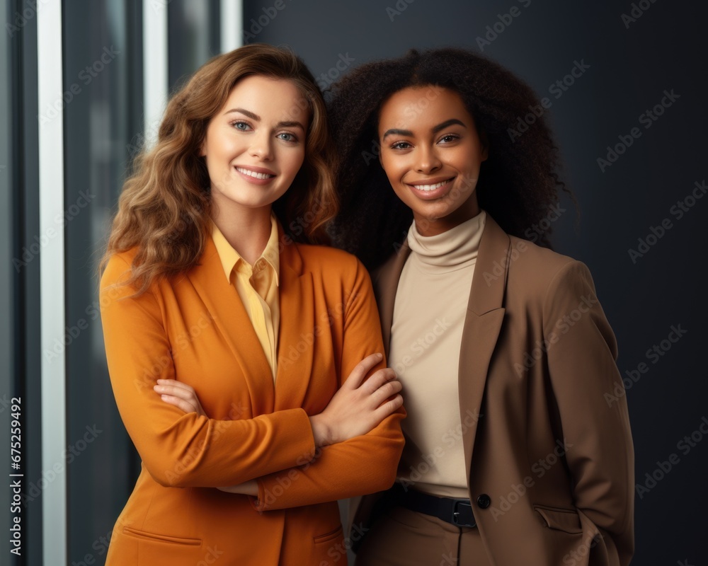 Multiracial two women in suits standing next to each other Multiracial two women in suits standing next to each other