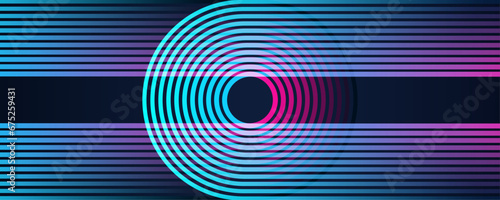 Abstract glowing blue pink rounded rectangle, shiny geometric stripes lines isolated on dark blue background. . Futuristic technology concept for banner, flyer, card, brochure, Vector illustration