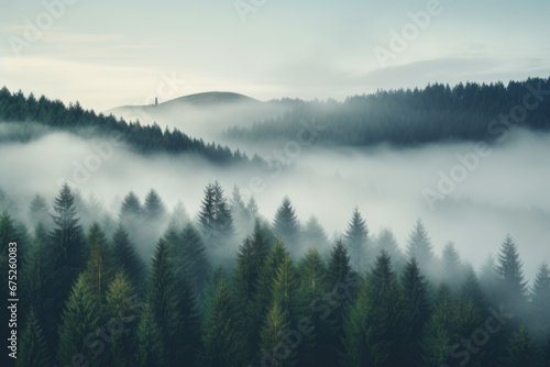 Misty landscape with fir forest in vintage retro style. © Jasmina