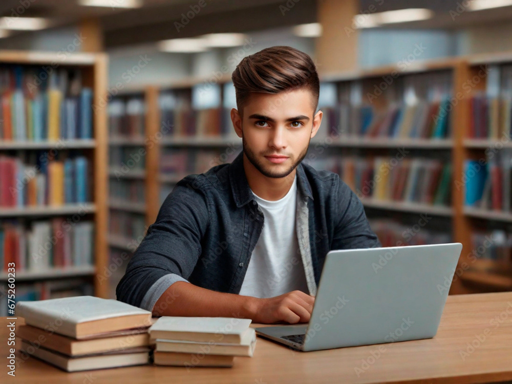 Handsome young man studying at the library and using a laptop.IA generativa Handsome young man studying at the library and using a laptop.IA generativa