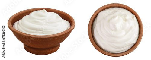 sour cream or yogurt in ceramic bowl isolated on white background with full depth of field photo