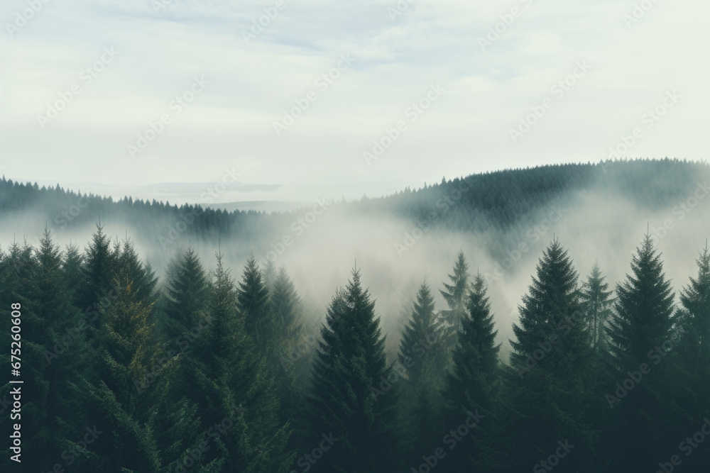 Misty landscape with fir forest in vintage retro style.