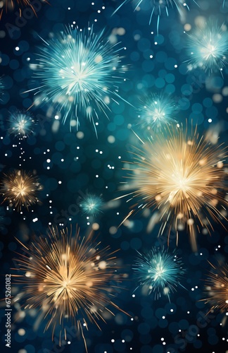 fireworks and sparks on blue background, dark teal and light amber, light silver and beige, light silver