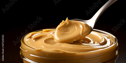 A jar of peanut butter with a spoon sticking out of a jar. Spoonful of Goodness: Nutty Butter