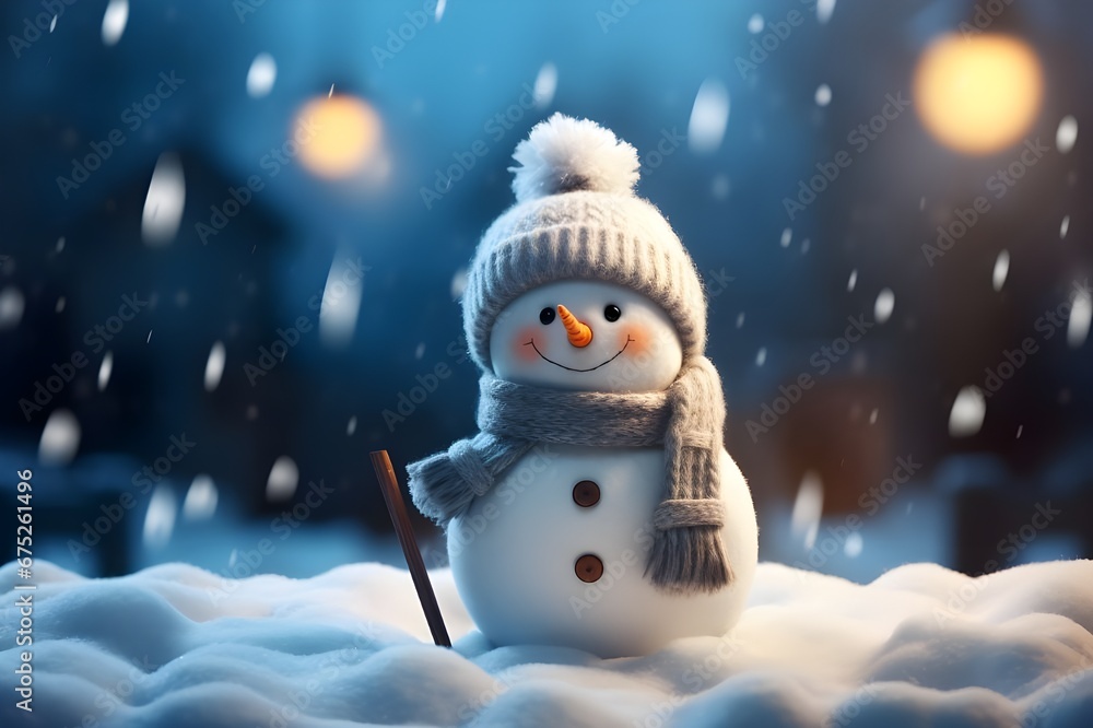 Obraz premium a small snowman standing in snowy scenery, in the style of luminous 3d objects