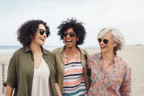 Wallpaper Mural Portrait of three middle aged female friends walking on the sea shore laughing. Diverse mature women strolling along a beach on vacation Torontodigital.ca