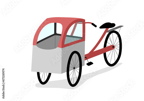 Parent cargo bike with three wheels and rain coat, box bicycle. Elegant cartoon realistic bakfiets on white background.
