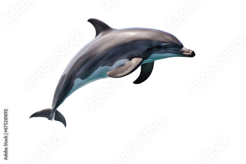 a high quality stock photograph of a single cute dolphin jumping photorealistic full body isolated on a white background © ramses