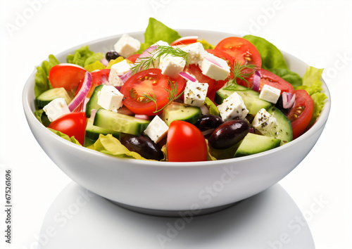 Fresh Greek salad in bowl isolated on white background