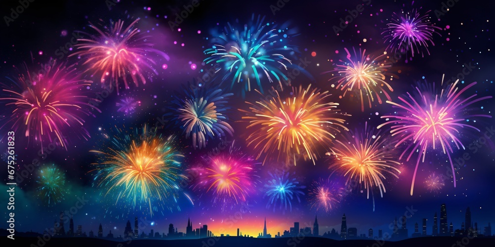 fireworks with fireworks on a dark background with colorful sparkles on it, vibrant illustrations, vibrant color gradients, luminous 3d objects