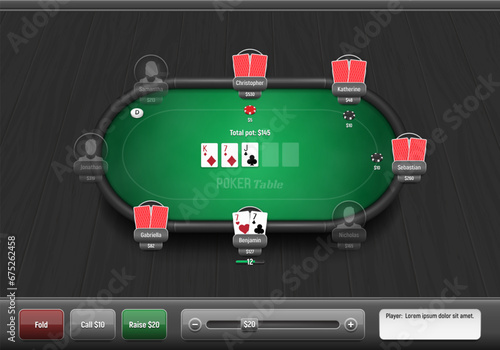 Poker table with players, cards and chips. Poker room. Texas hold'em online game. Vector illustration.