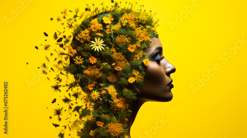 Ethereal Portrait of Woman Merged with Radiant Yellow Flowers photo