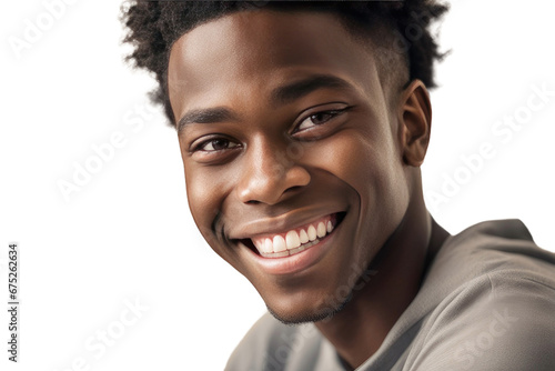 a quality stock photograph of a Black male American student smiling happily at success isolated on a white background © ramses