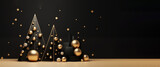 Minimal 3D christmas composition with christmas tree and gifts, black and gold, minimal, luxury, elegant. Panorama view,copy space. AI generated.